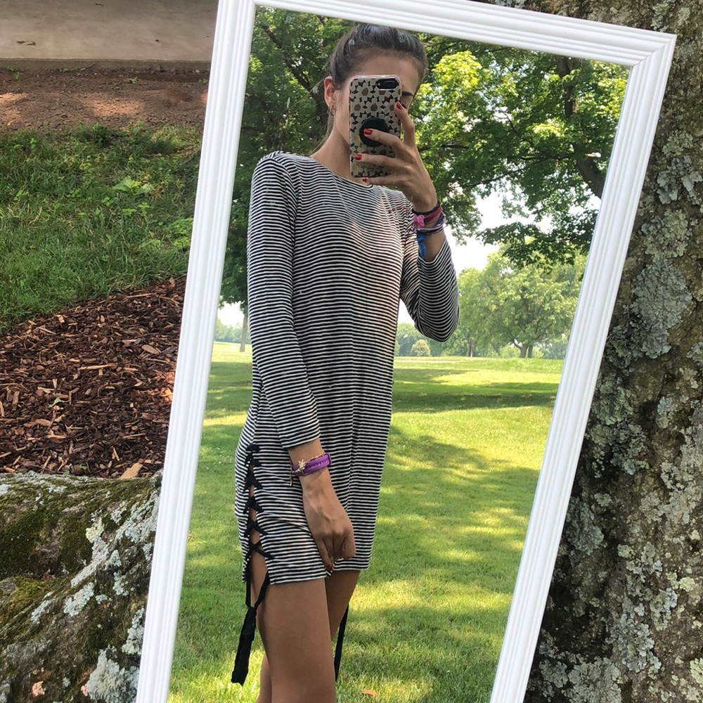 striped lace-up hem dress